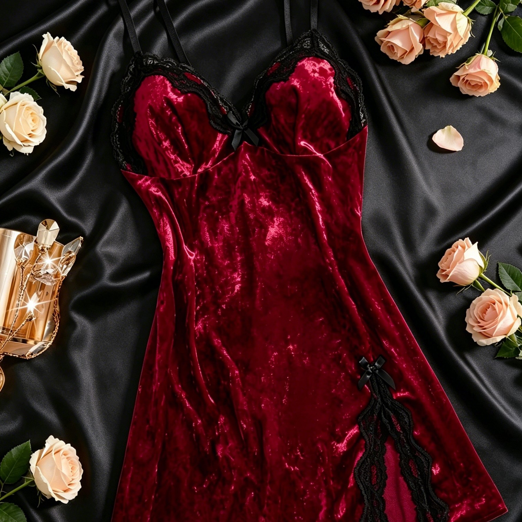 TEMU Women's Wine Red Velvet Lace Slip Dress & V-neck Bow Split Autumn Winter Soft Stretchy Loungewear