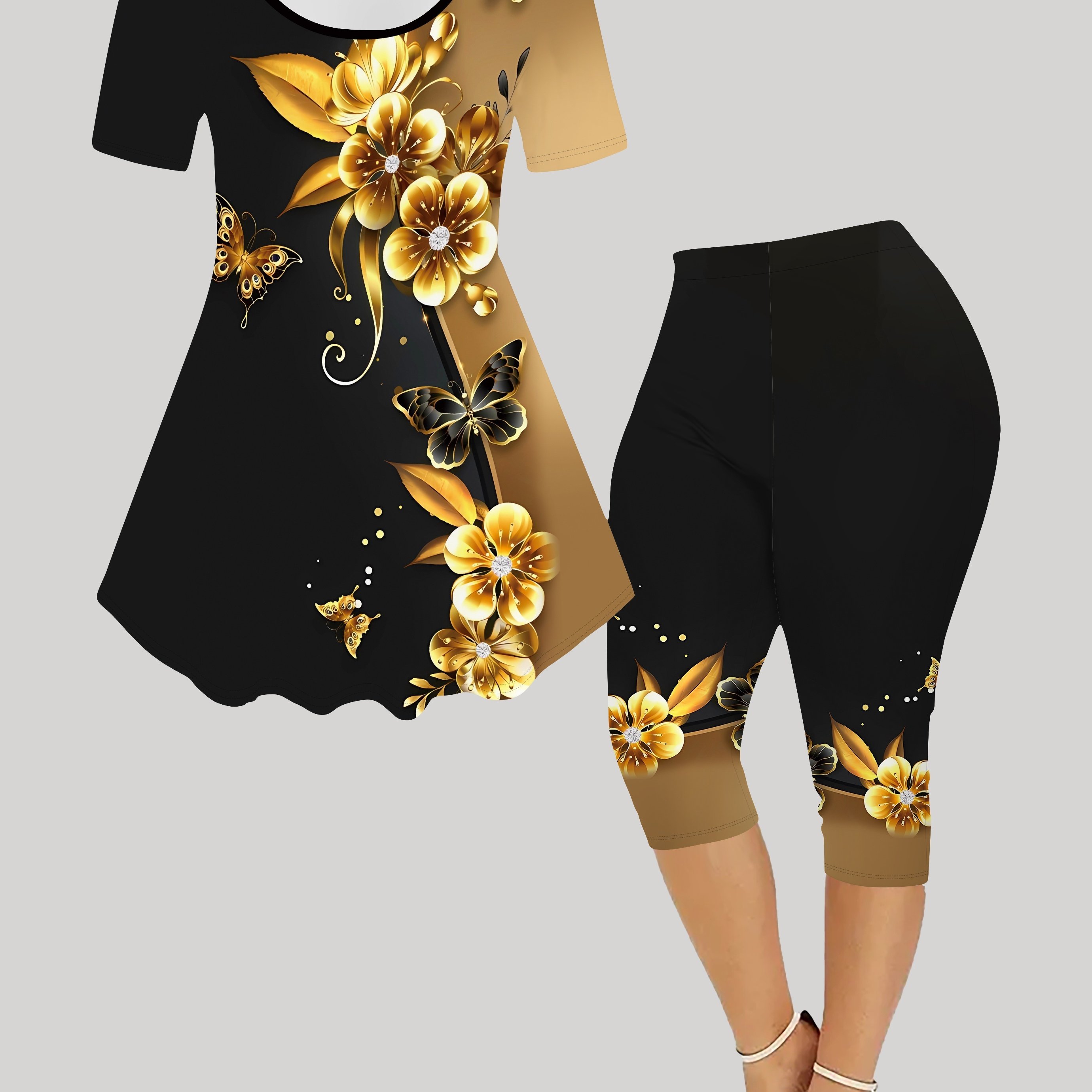 Women's Print Fashion Short Sleeve Capri Pants Set