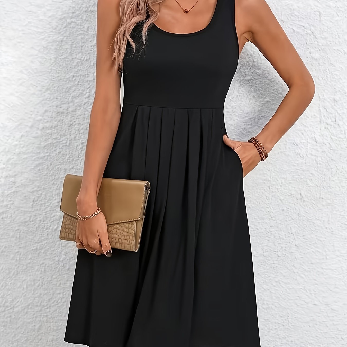 TEMU Sleeveless Black Dress With Waist Cinching Design For A, Casual Tank Dress Look