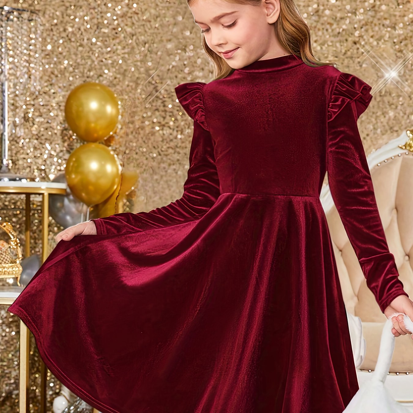 Image of Girls' Long Sleeve Dress For Autumn And Winter, Velvet-like Fabric With Ruffle Design, Ideal For Christmas, Parties, Daily Wear, And Gift