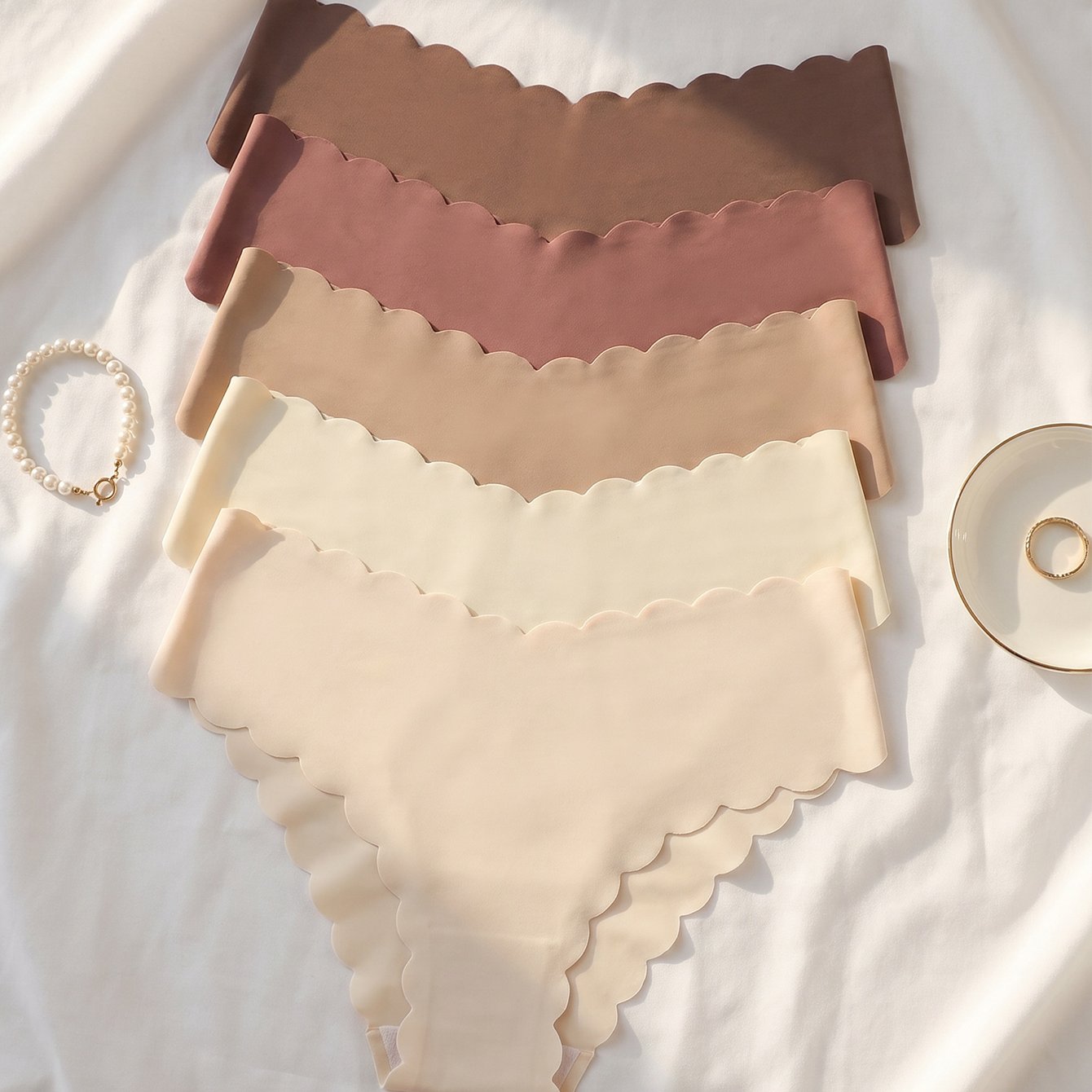 TEMU 5pcs Women' Panties, Fan-shaped Wavy Trim, Autumn/winter Color Palette: Brown/camel/dark Red/beige/white, Quick-dry Polyamide, Stretch,