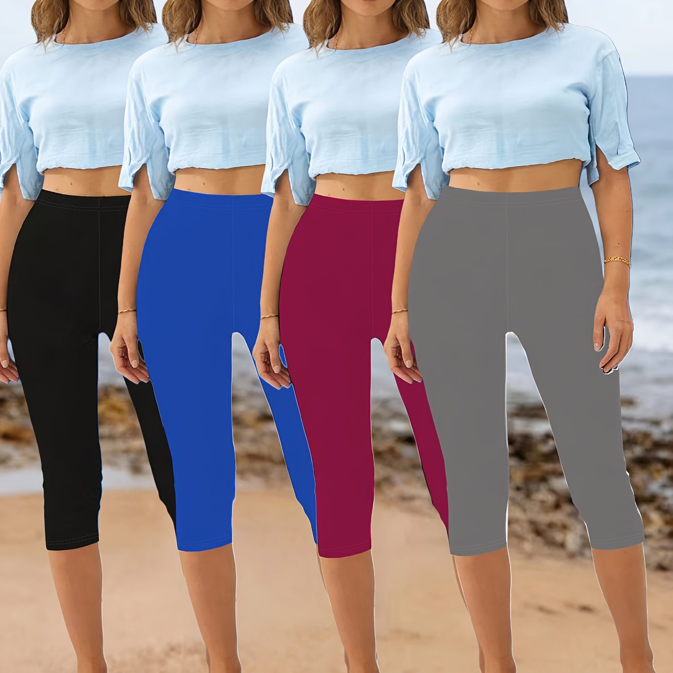 TEMU Plus Size - Plus Size - Popular Extension 4pcs Versatile Pants! Black High-elastic Cropped Leggings Are Good For Home And Outdoor Wear, And Not