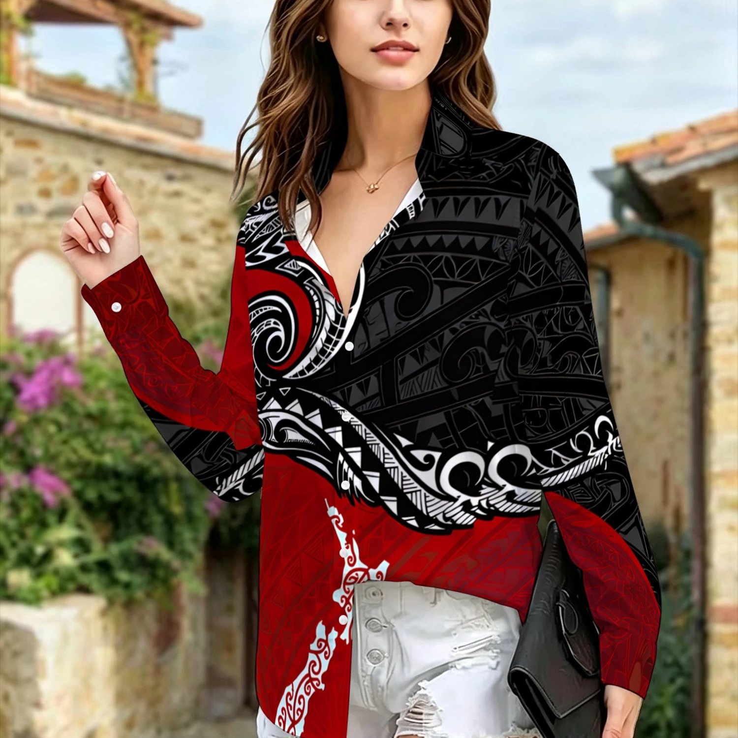 TEMU [printed Design - Not Textured] Women's Athletic Button-up Shirt, Maori Theme Print, Retro Style Easy Design, Couple Style Holiday Gift Birthday