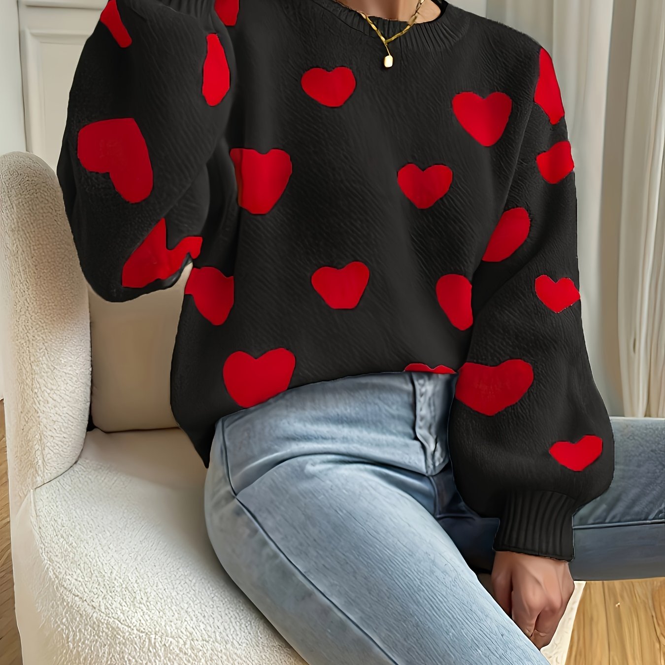 TEMU New Autumn/winter Warm Casual Fashionable Loose Fit Elegant Simple Versatile Stylish Vintage Age-reducing Heart -block Bubble Long Sleeve Crew