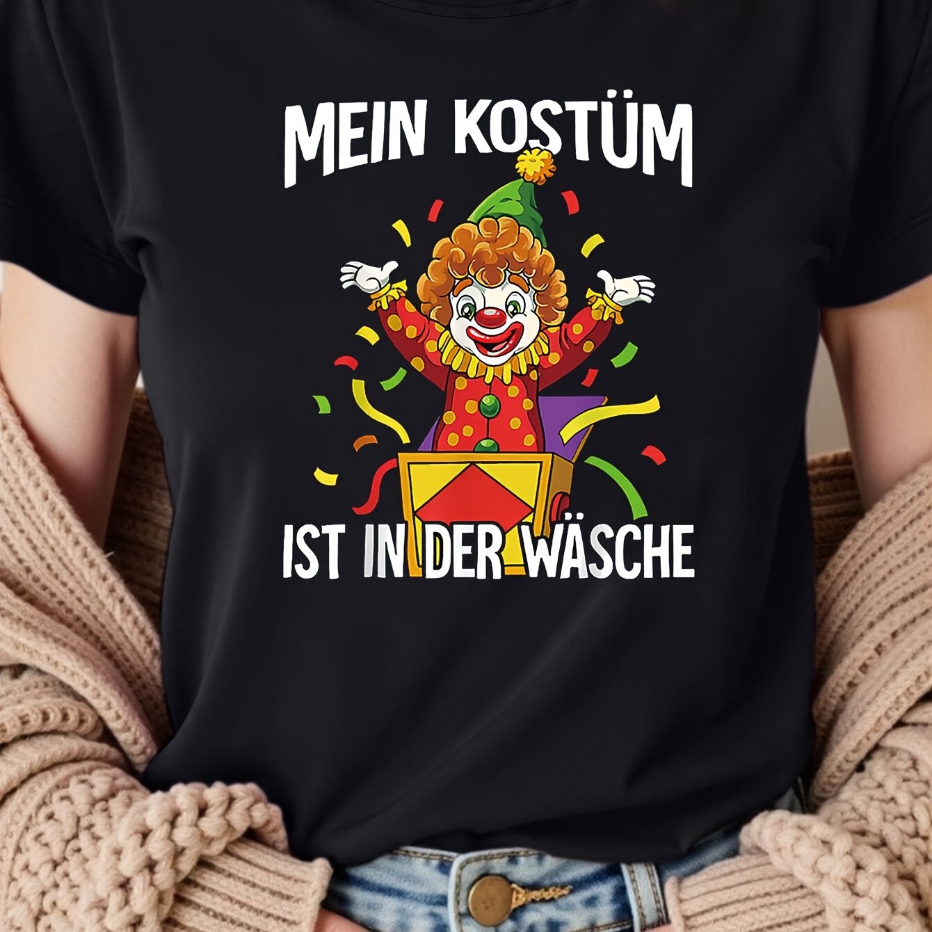 TEMU Plus Size - Plus Size - Plus Size T-Shirt, Karneval -Up Box German MEIN Kostüm IST IN ? Musterdruck, Schwarzes Kurzarm Rundhals T-Shirt -