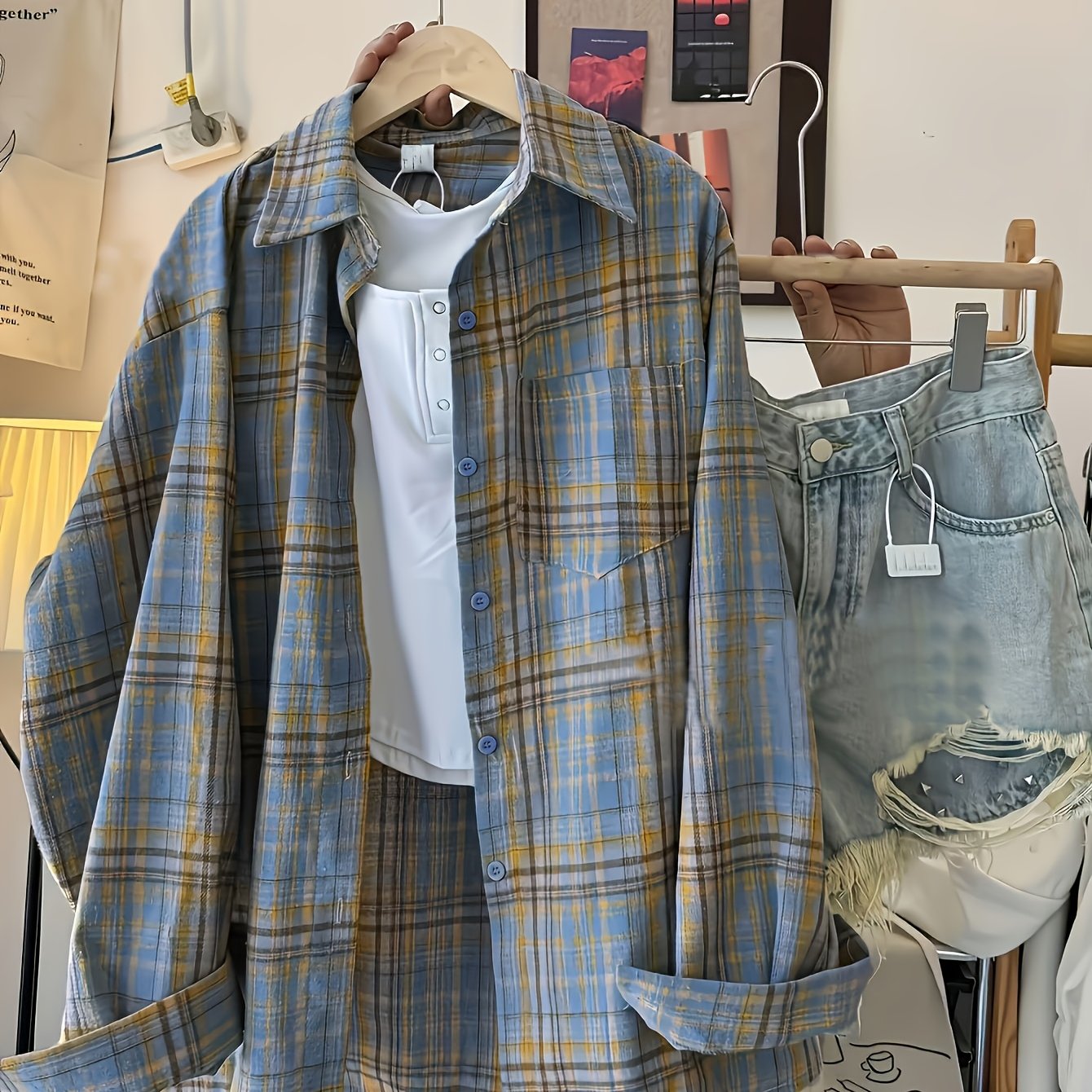 TEMU Lazy And Pretty Plaid Shirt For Women, Loose Fit Outerwear For Spring, Summer, And Autumn