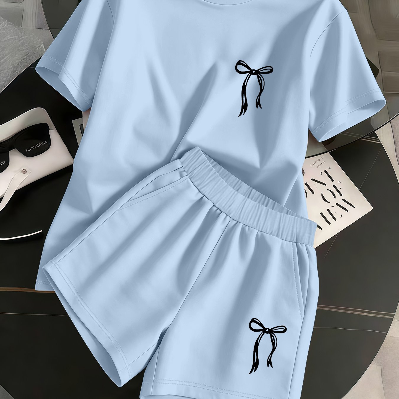 TEMU 2026 New Style Spring/summer Women' Bow Print Pattern Round Neck Short Sleeve T-shirt With Pocket Shorts 2pcs Set