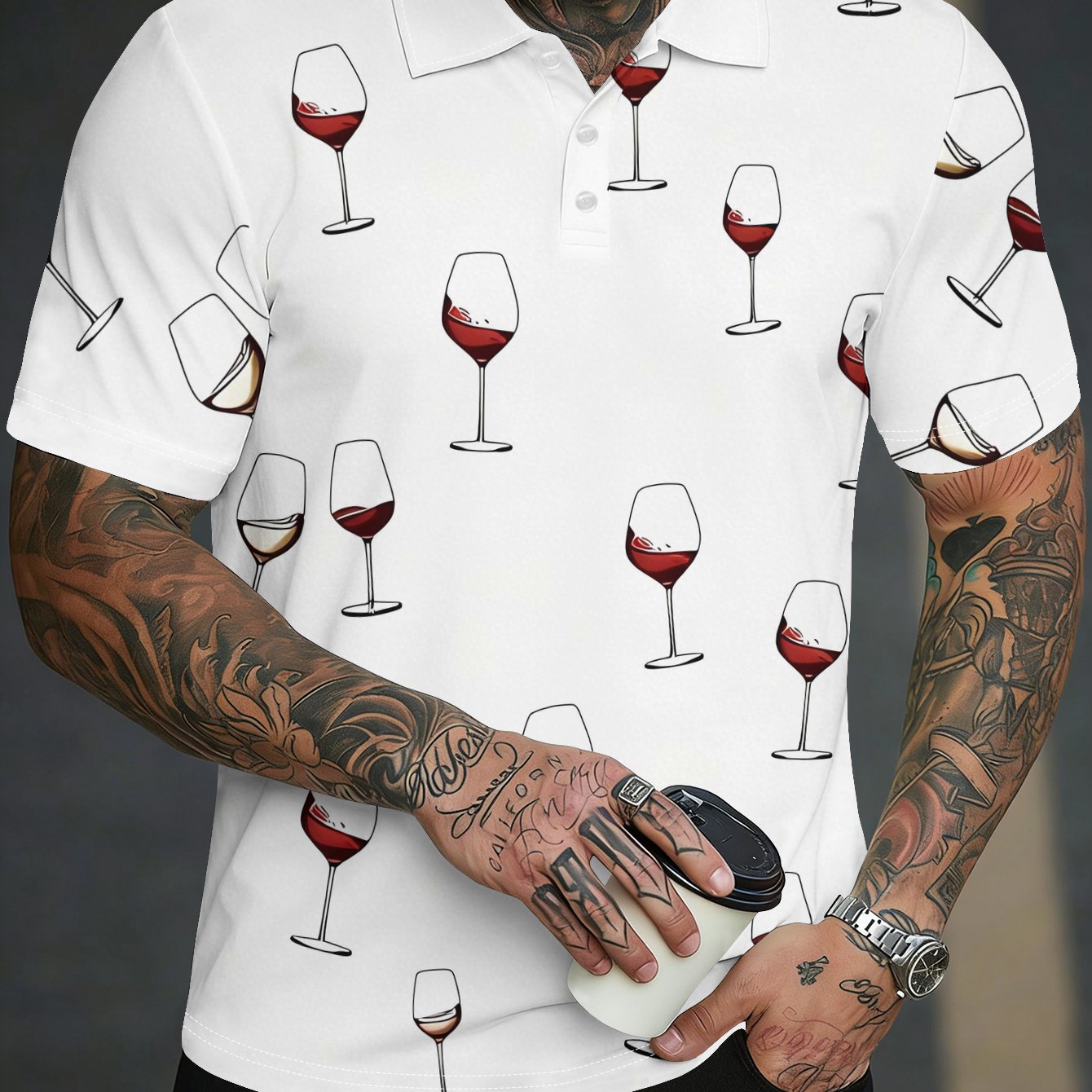 TEMU Men's Short-sleeve Shirt - Flat Pattern - Non-textured - Multiple Wine Glasses Filled With Red Wine, Stylish And Minimalist Short-sleeve,