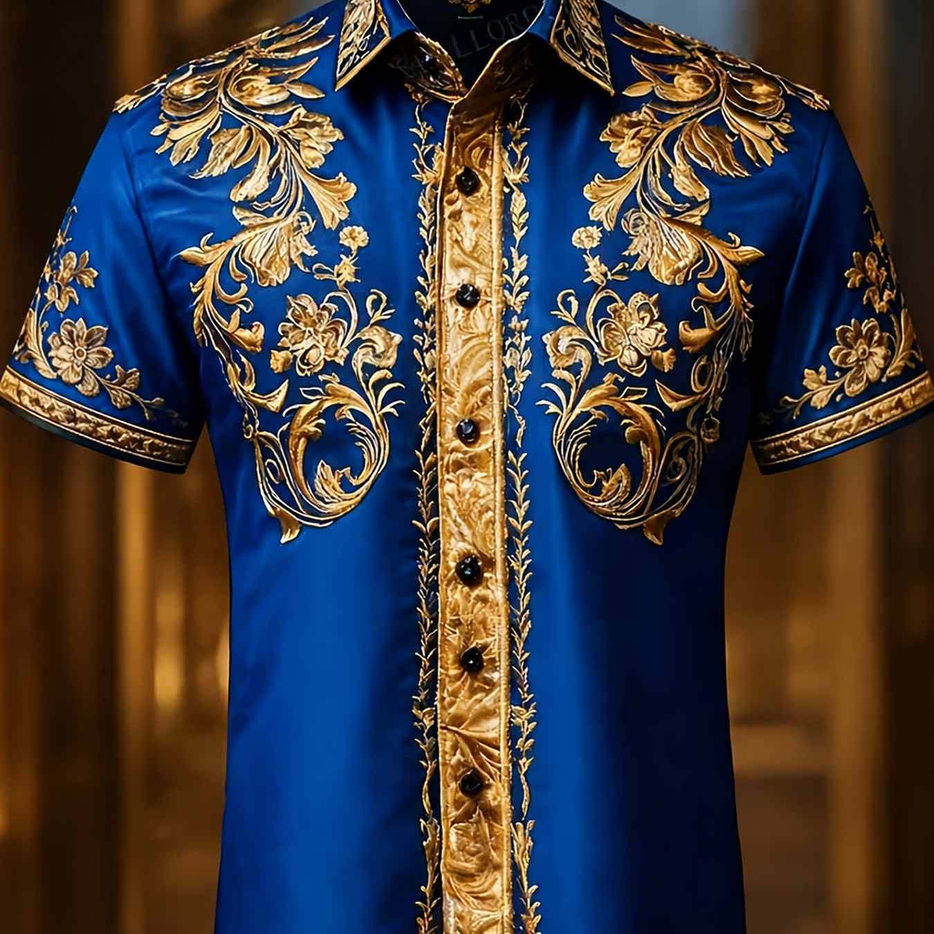 's Collared Shortsleeve Shirt With Luxurious Golden Floral Embroidery Stylish Menswear For Casual And Evening Events.