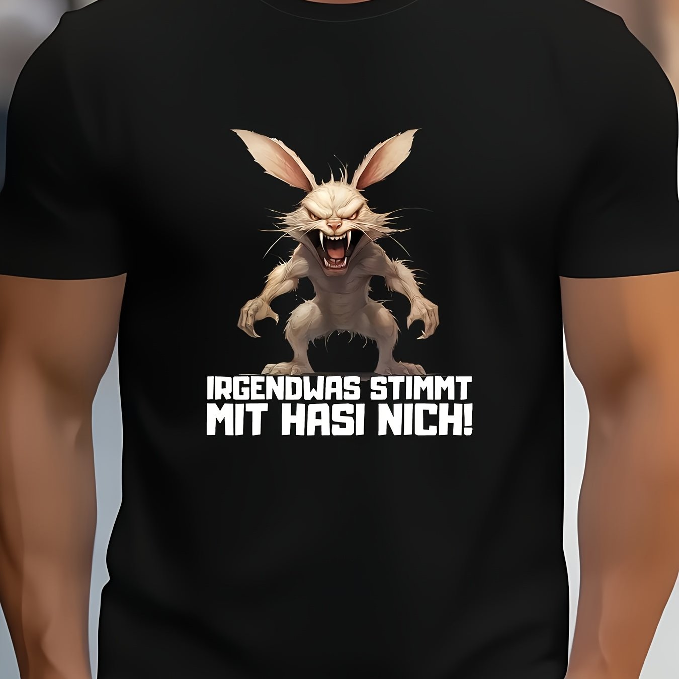 Image of Funny German Saying Something's With Bunny Sarcastic Rabbit T Shirt Irgendwas Stimmt Mit Hasi Nicht Black Casual Round Neck For Adults Fit White Grey Design Text, Plus Size