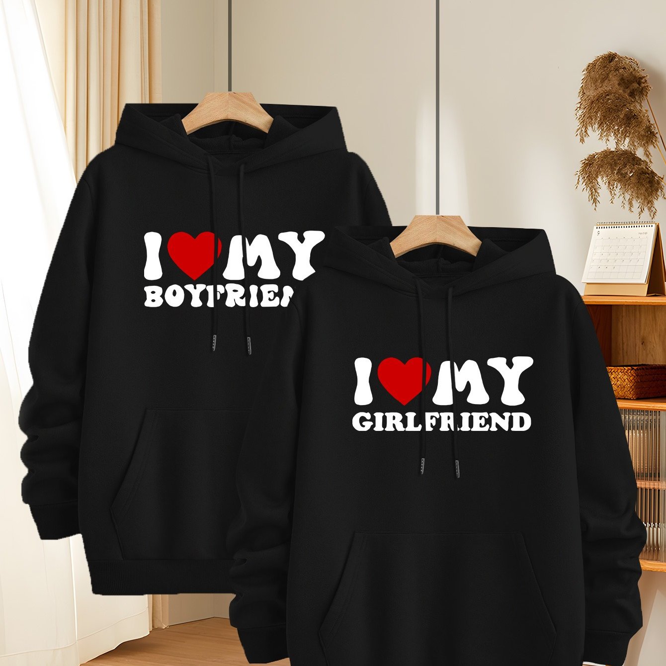 TEMU Valentine's Print Thickened Drawstring Hoodie With Kangaroo Pocket And Pullover Hooded Sweatshirt 2pcs Set
