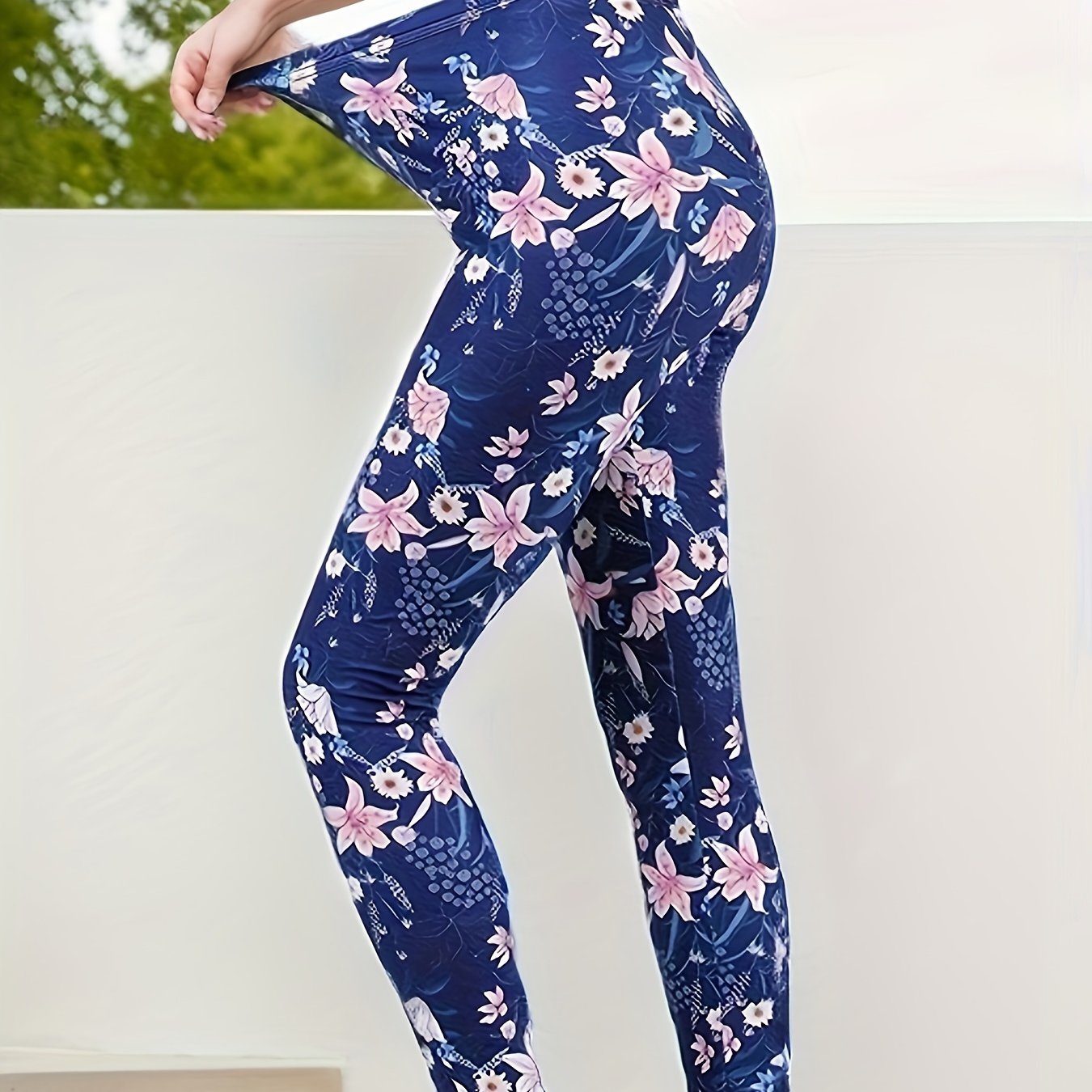 Collant de base décontracté pour femmes, 9 pouces, motif fleur à base bleue