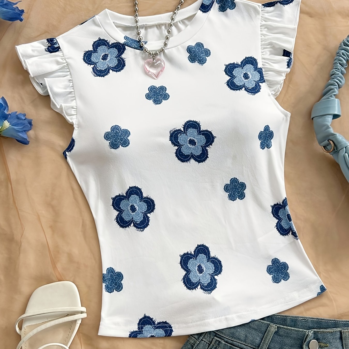 TEMU Top da /estate da spiaggia, stampa , maniche smanicate con volant, , vestibilit� aderente, T-shirt
