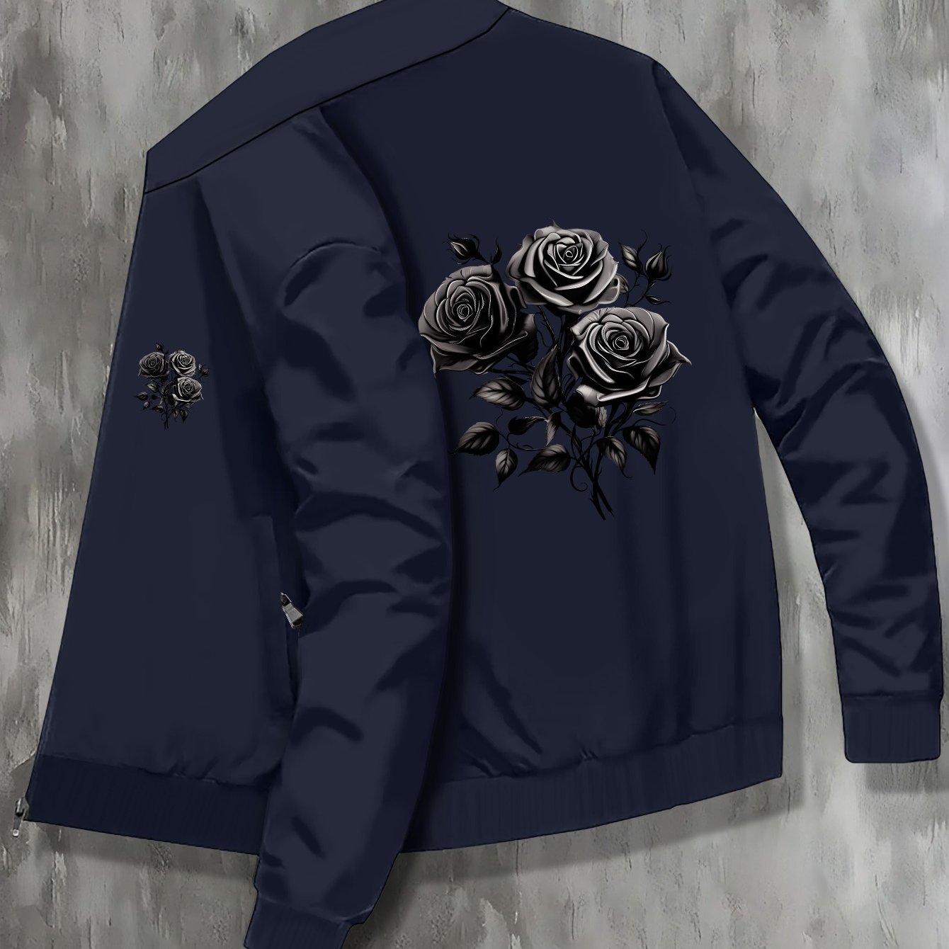 TEMU Black Flowers Print Men's Stand Collar Varsity Jackets, Casual Fashionable Lightweight College Style Jackets