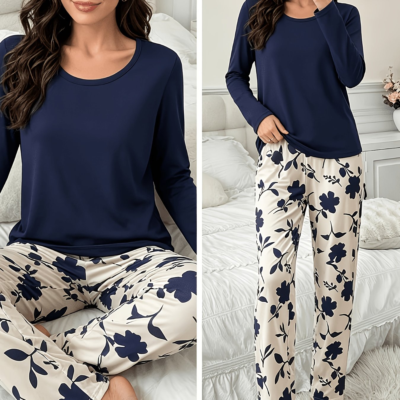 TEMU 2pcs Women's Autumn/winter Long-sleeve Long-pants Pajama Set, Casual Wear With Elegant Floral Print And Crew Neck Design