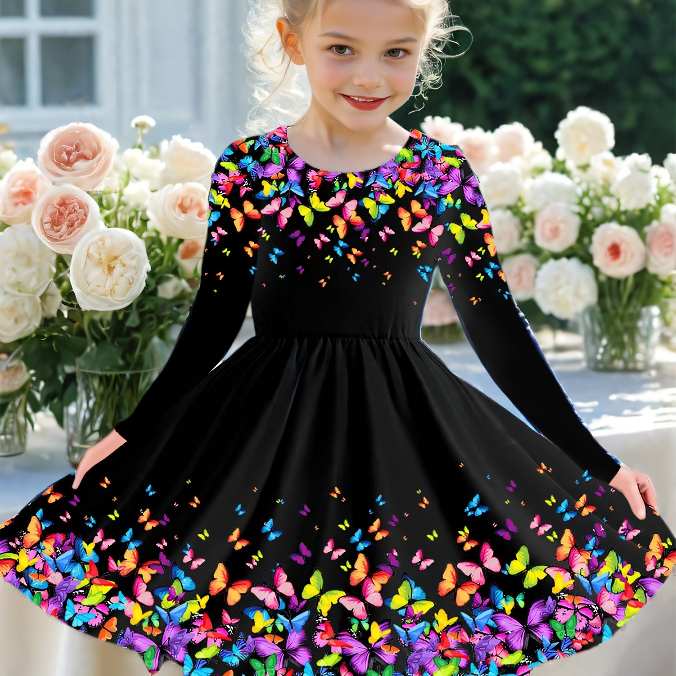 Image of Black Girl Long Sleeve Dress, 3d Floral Round Neck Casual Dress And Party, Holiday Gift Dress