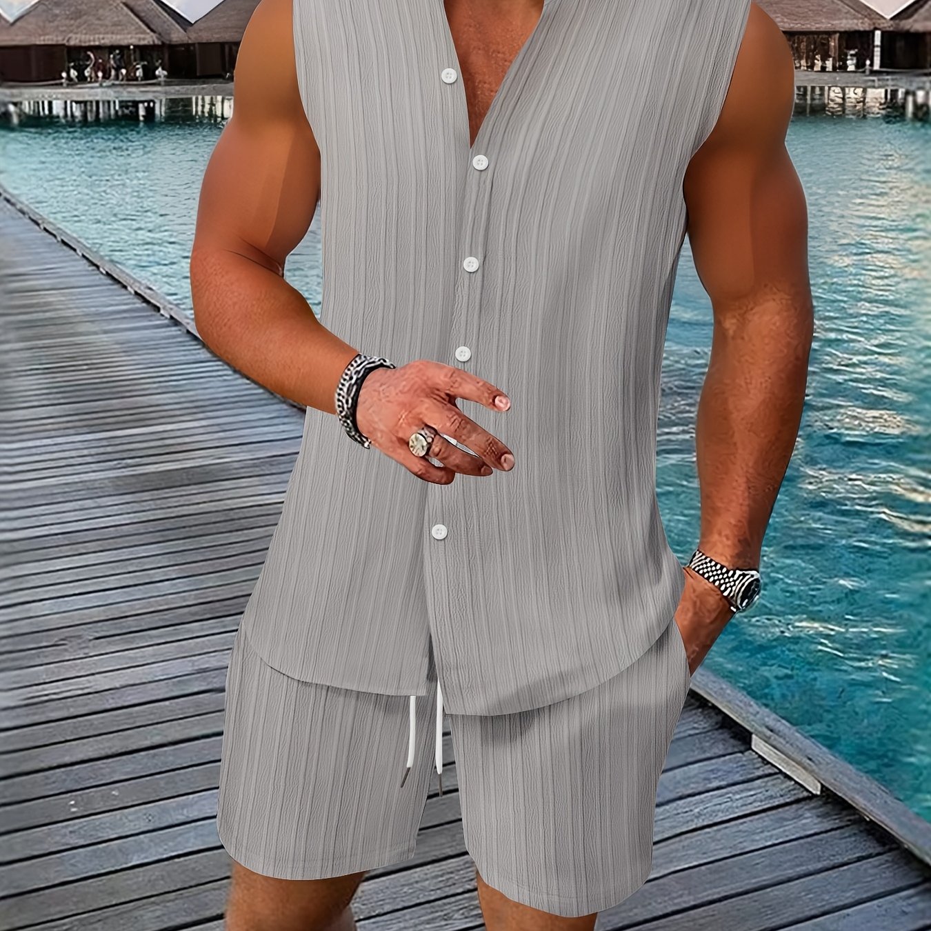 TEMU Conjunto de camiseta sin y pantalones cortos de playa casual con cuello Henley y jacquard a rayas para hombre, 2026