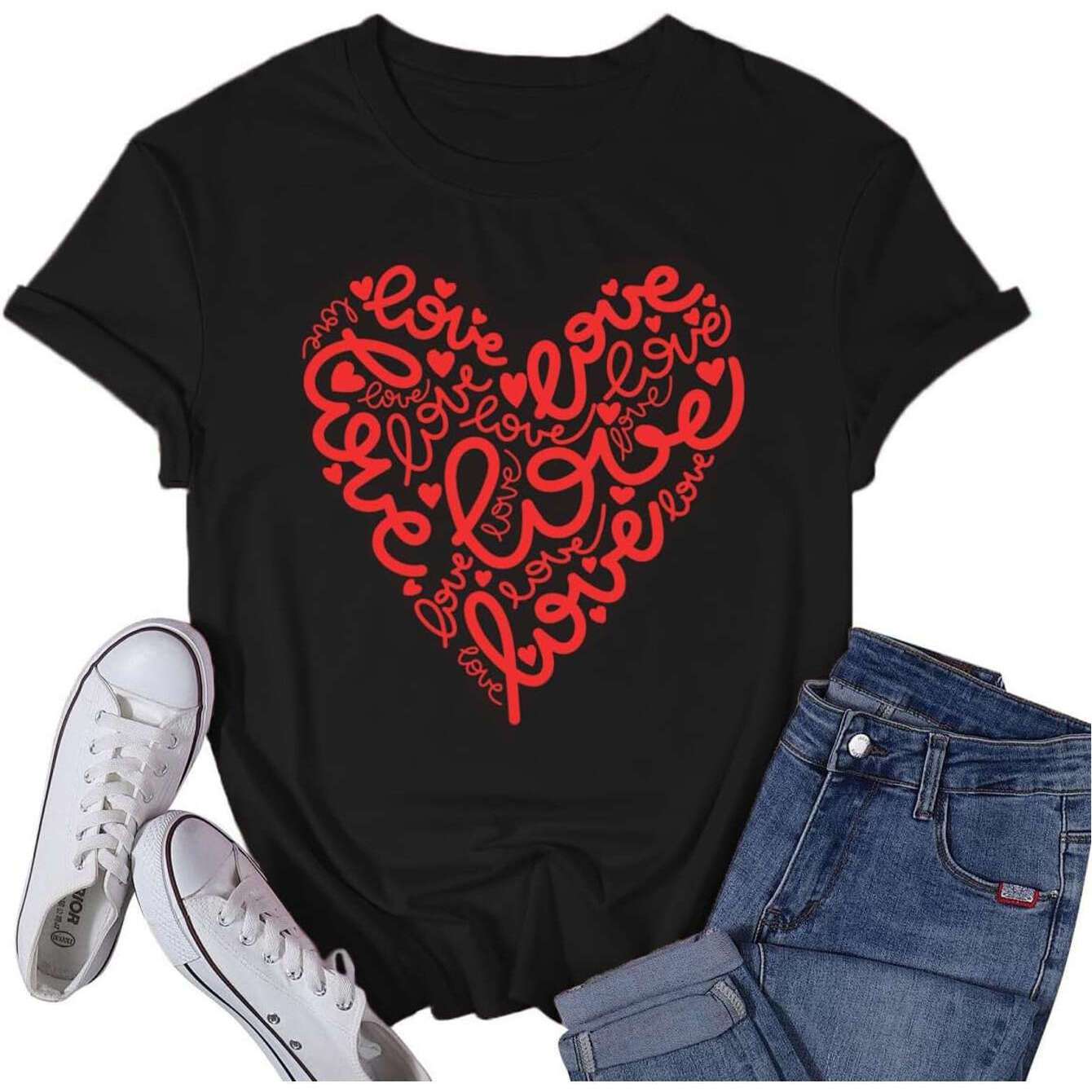 Women's Valentine's Day Love Heart T-Shirt - Romantic Print Tee, Soft Polyester Blend, Casual Gift Top