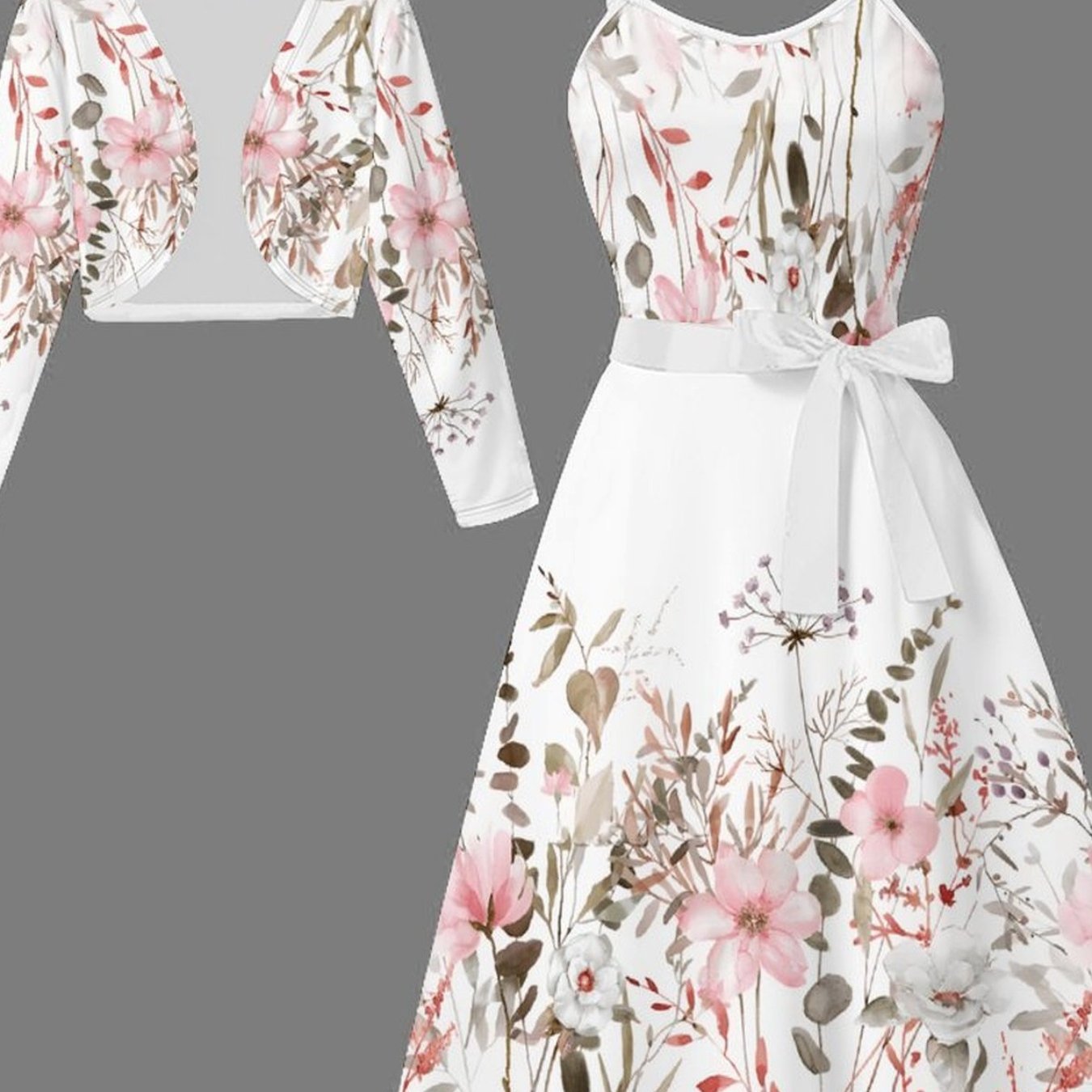TEMU Directional Dyeing 's Numbered Set - Floral Tree Pattern Print Fashionable Vacation Elegant Casual Half-body Coat   Dress Set. Suitable For