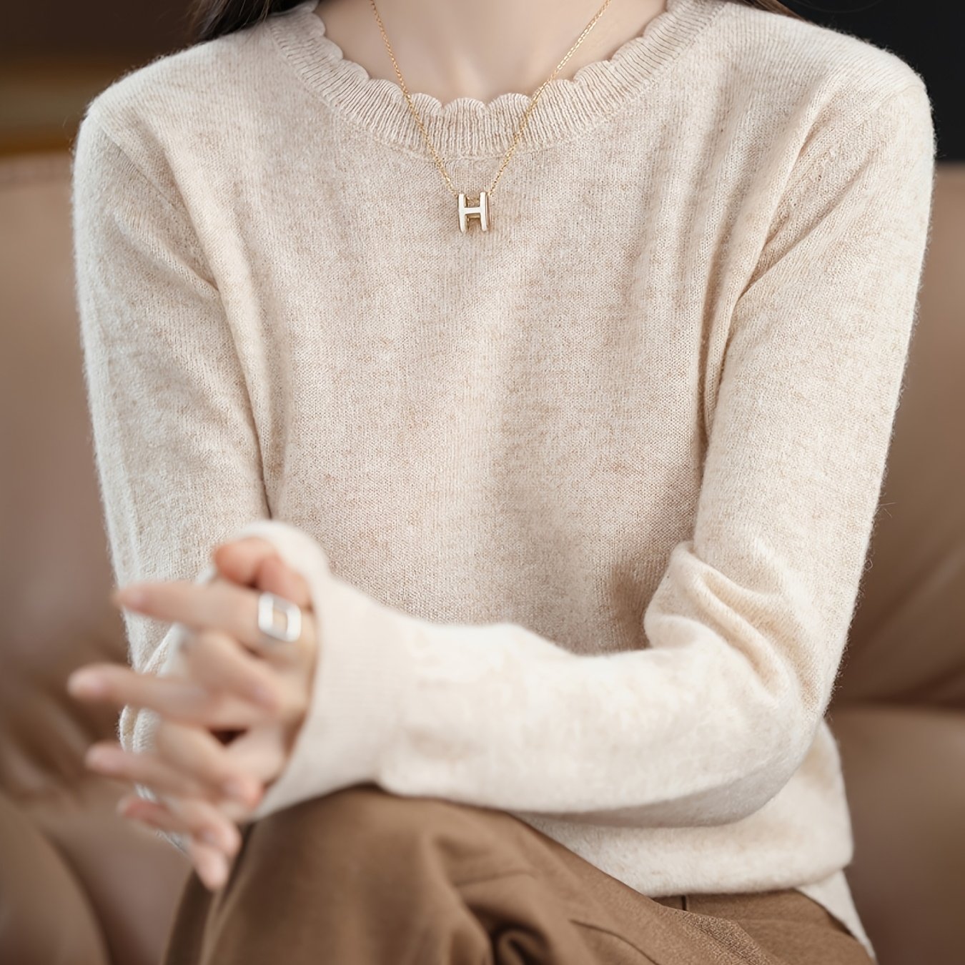 TEMU New Autumn/winter Lace Round Neck Sweater, Simple And Stylish Thin Inner Layer