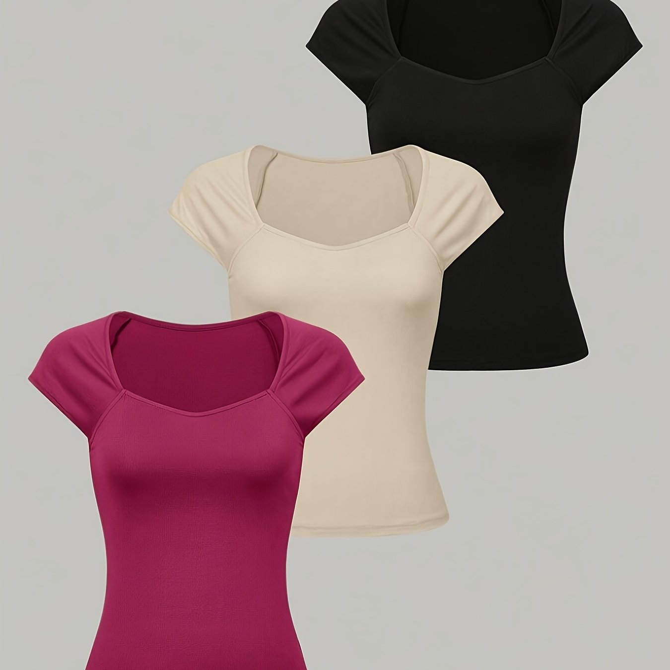 E-shop Elegantes 3-teiliges Damen Sommer T-Shirt Set - Eckiger Ausschnitt, Kurzarm, Unifarben, Faser, Weich, Bequem, Atmungsaktiv, Maschinenwaschbar