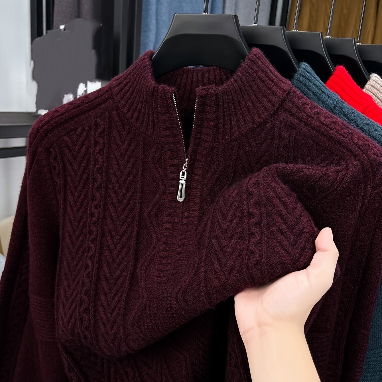 TEMU Men's Winter Warm Cable-knit Sweater Jacket With Half-zip & Collar - Dark Green/black/ Casual Coat, Golden-tone Zipper, Regular Fit Long Sleeve