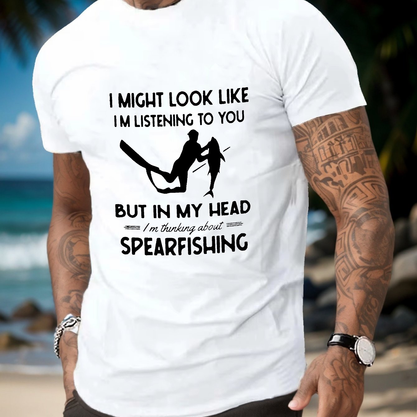 TEMU Spearfishing Men's Casual Short Sleeve T-shirt - Breathable Polyester, Geometric Print, Round Neck - Perfect For Summer