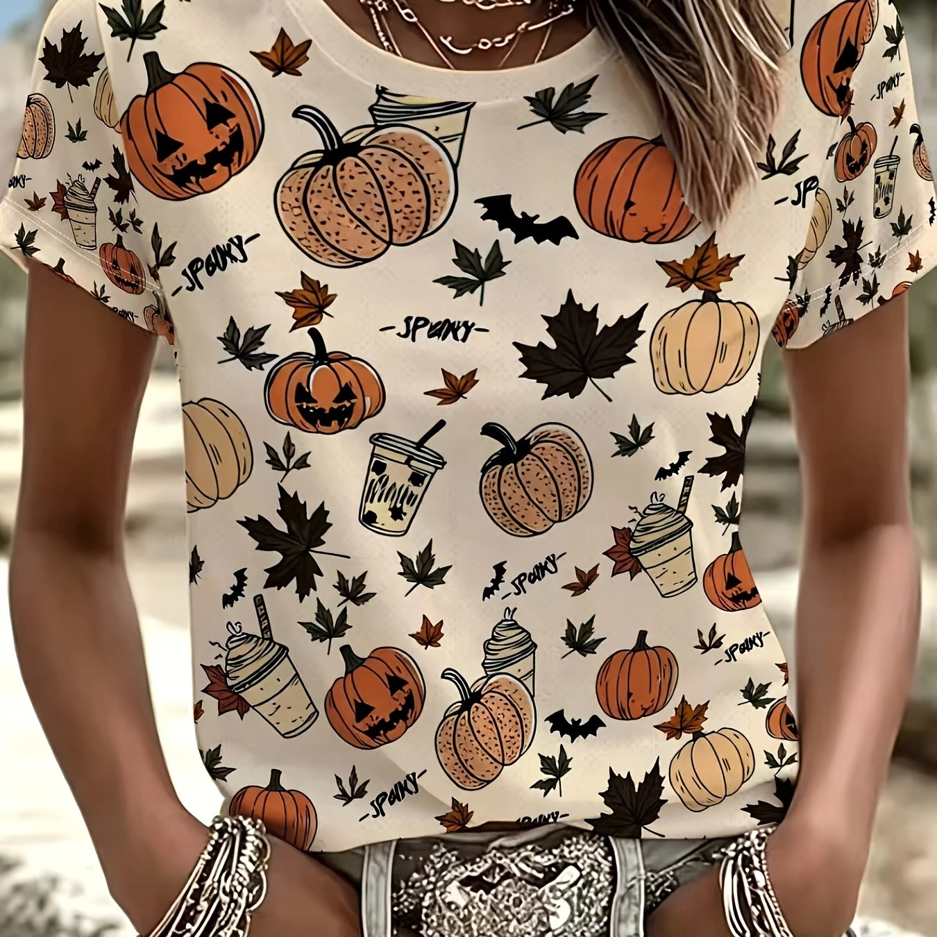 TEMU [printed Design - Not Textured] Halloween Pumpkin Autumn Leaf Printed Short Sleeve T-shirt, Women's Casual Crew Neck Autumn Top