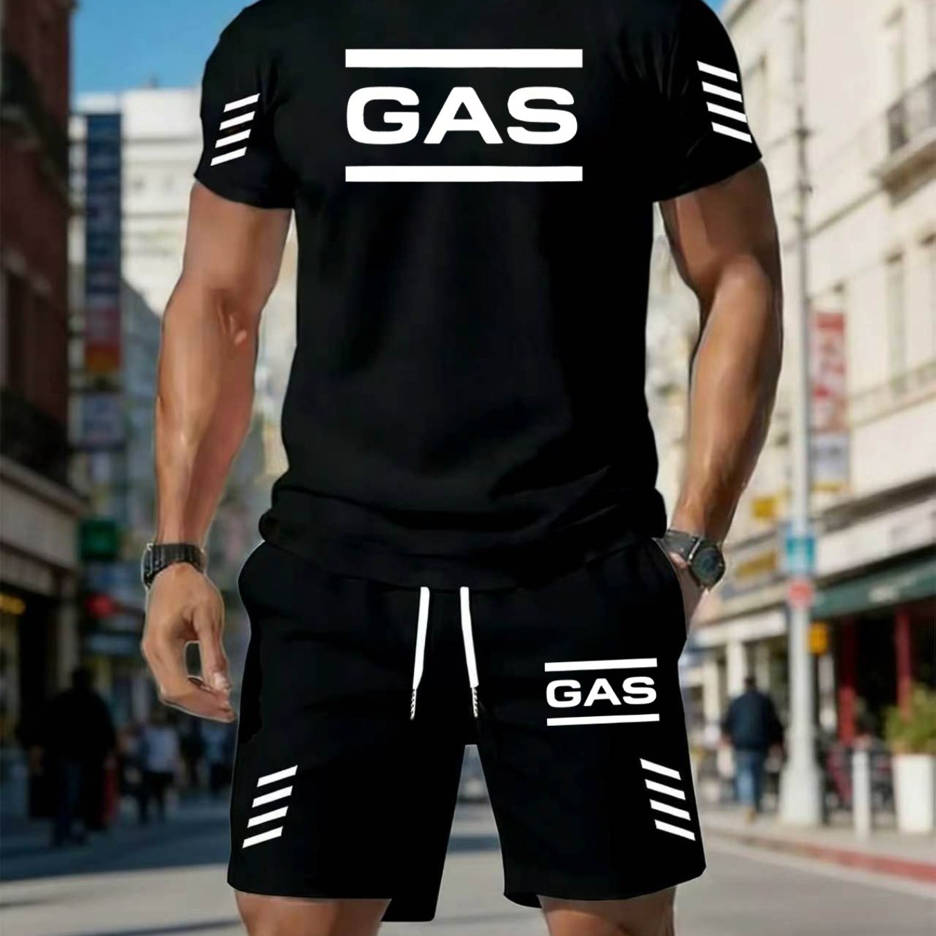 TEMU 2026 New Casual Suit, Moisture-wicking, Wrinkle-resistant, Trendy, Breathable. "beautiful Pattern Letter Gas Print" Drawstring Waist Design,