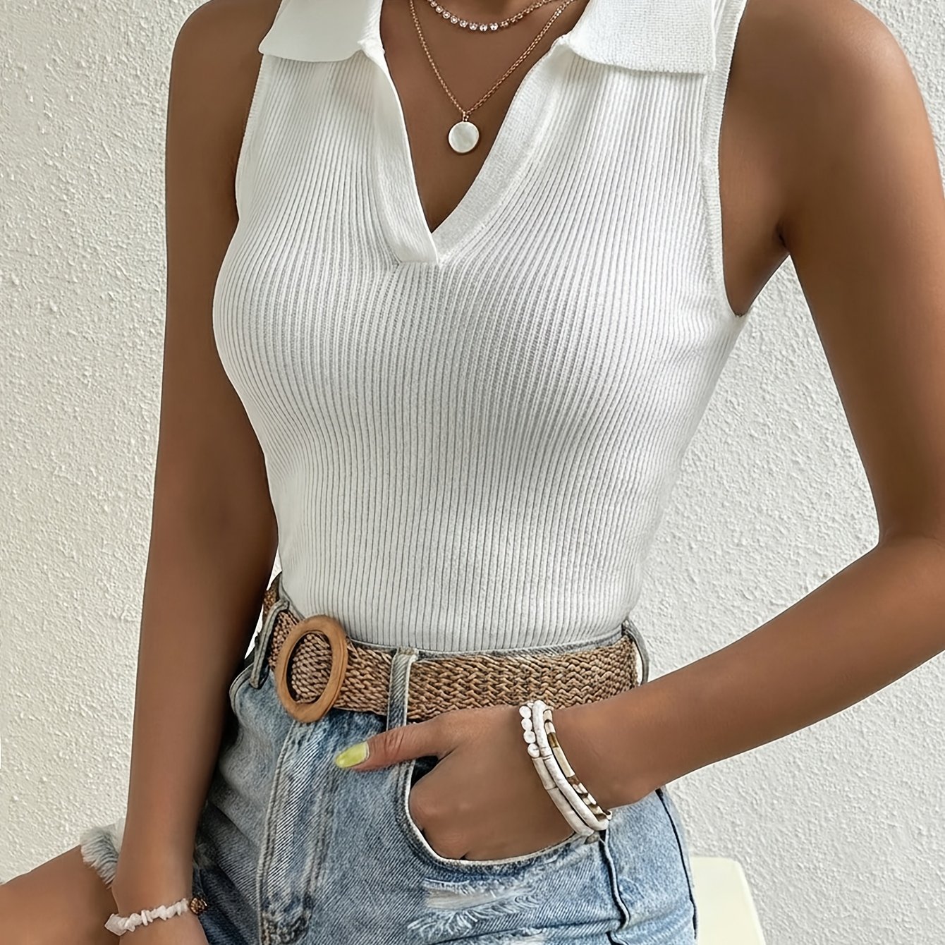 E-shop Westlicher Frühling/Herbst Neue Damenmode Einfaches Polo-Kragen Basislage Oberbekleidung Weste Top