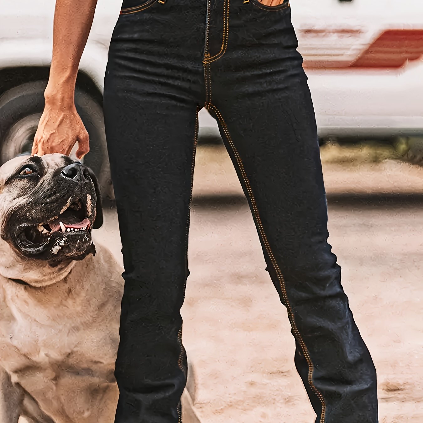 Women's Stretchy Black Denim Pants With A Flared Waist And Double Buttons, Perfect For Casual Wear