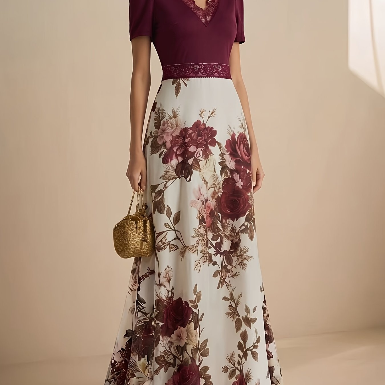 Image of Burgundy Lace Floral Maxi Dress | Floor-length Gown With Vintage , Featuring A Delicate Lace Neckline And A Printed Hem, An Style For Evening Events
