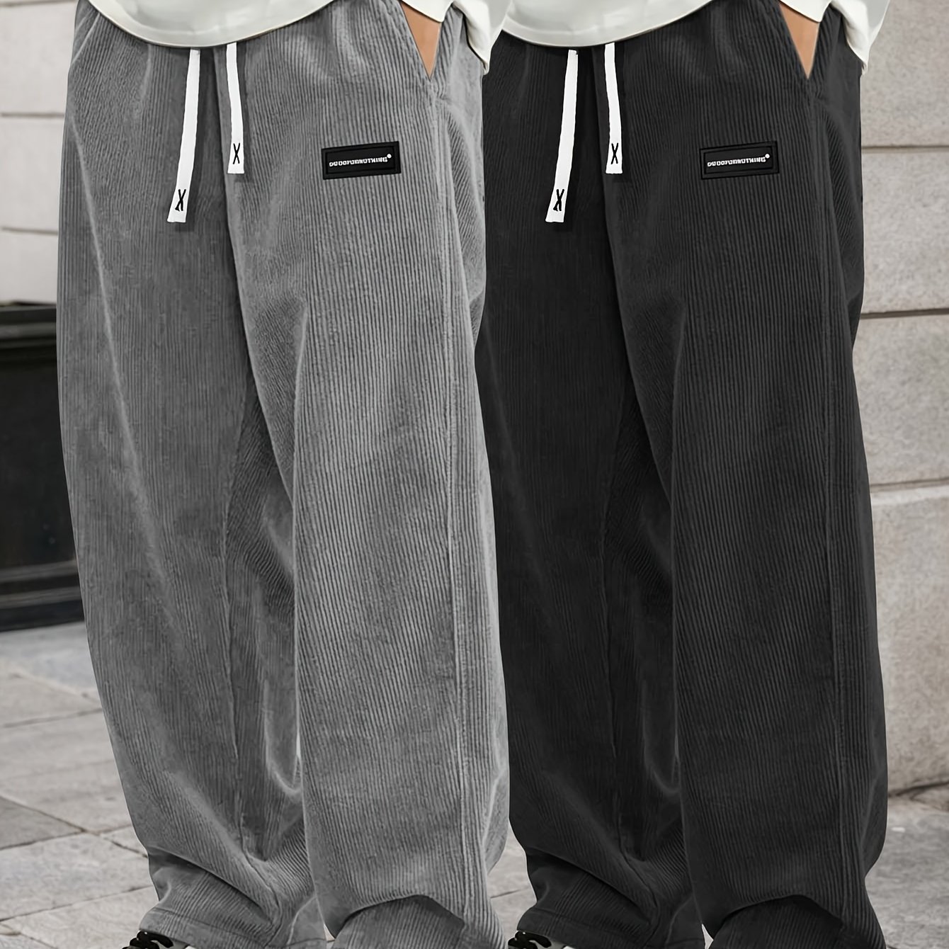 Image of Men's Soft Corduroy Loose Straight-leg Pants, Adjustable Drawstring Waist Easy Cloth Label Street Style Trousers