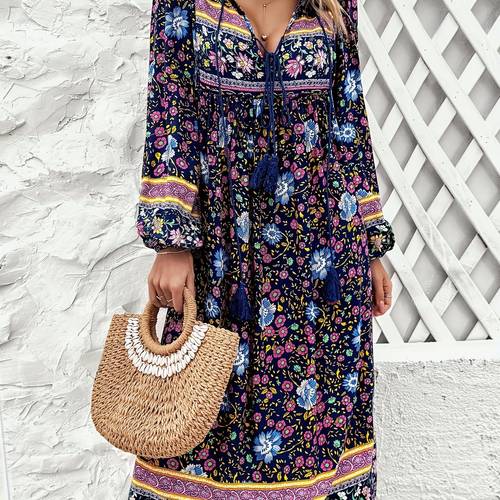womens casual loose bohemian tassel printed spring and autumn thin long sleeve dresses