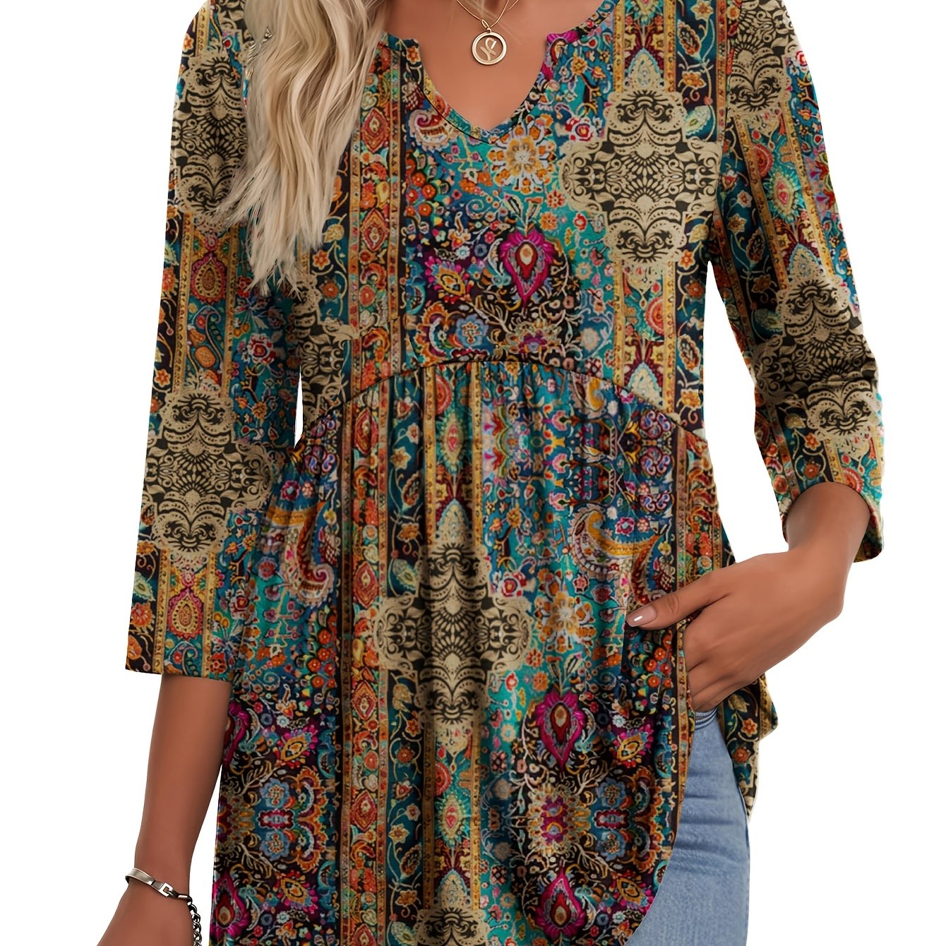 TEMU Chemise longue ample à col en V pour femme - Tunique à manches 3/4 et coupe ample, lavable en machine, adaptée à toutes , tenue décontractée et