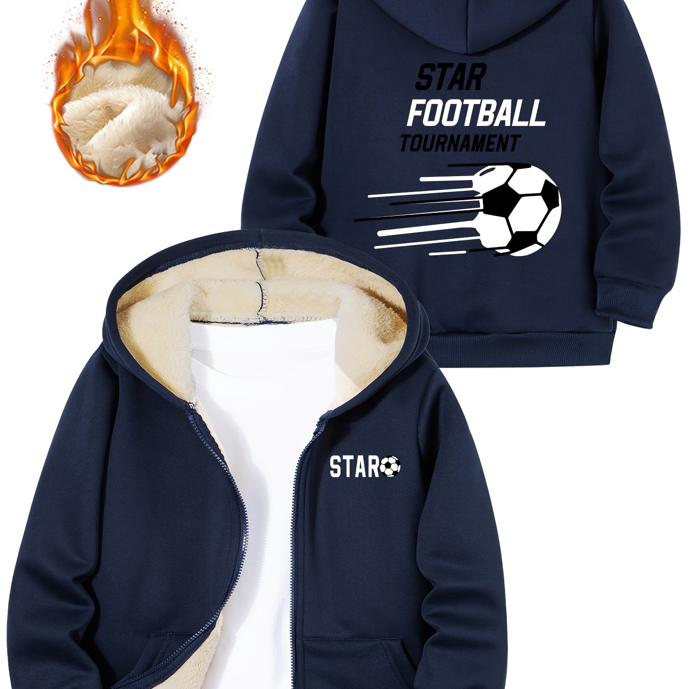Image of Boys' Football Print Fashion Casual Zip-up Jacket, Fall And Winter Children's Lined Warm Long Sleeve Hooded Sports Shirt, Comfortable For Daily Activities