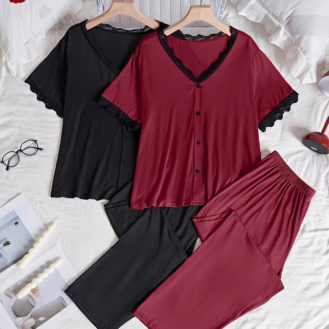 Autumn Plus Size Lace Trim Long Sleeve And Pants Set 2pcs Outfit