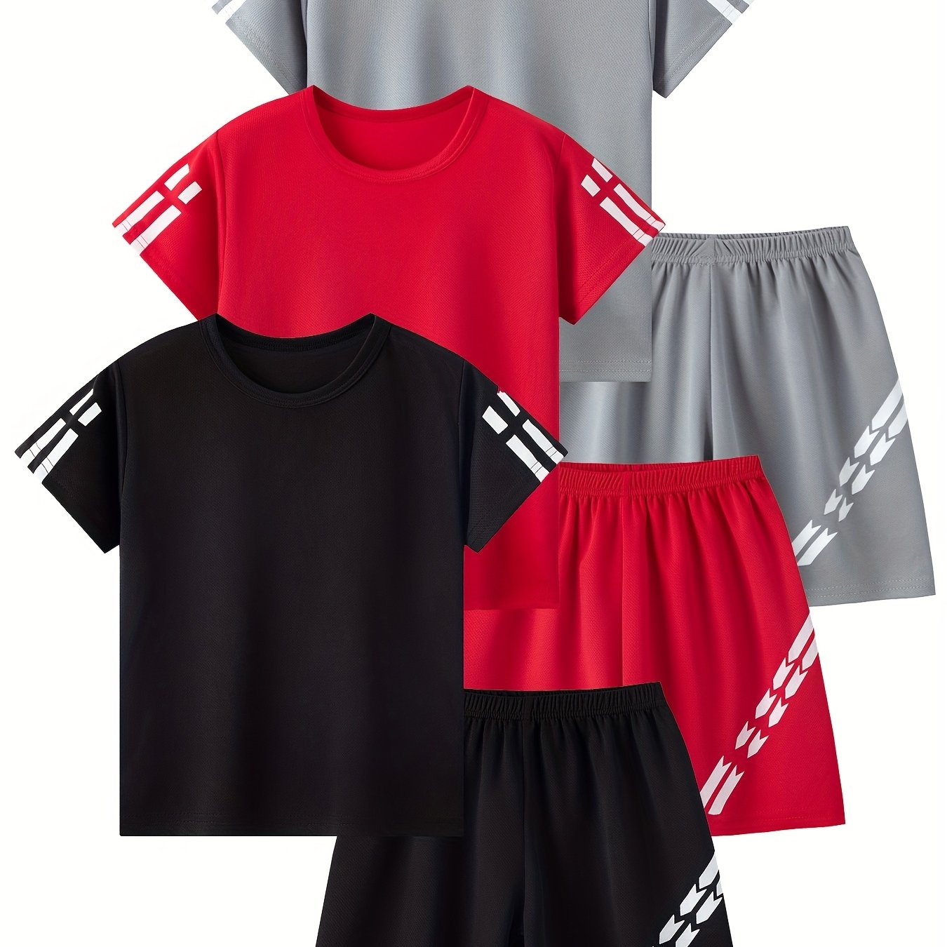 E-shop 6-teiliges Jungen-Shorts-Set Sommer Große Jungen Farbverlauf Mesh Schnelltrocknend Kurzarm + Fünf-Punkte-Hose Kombination Locker