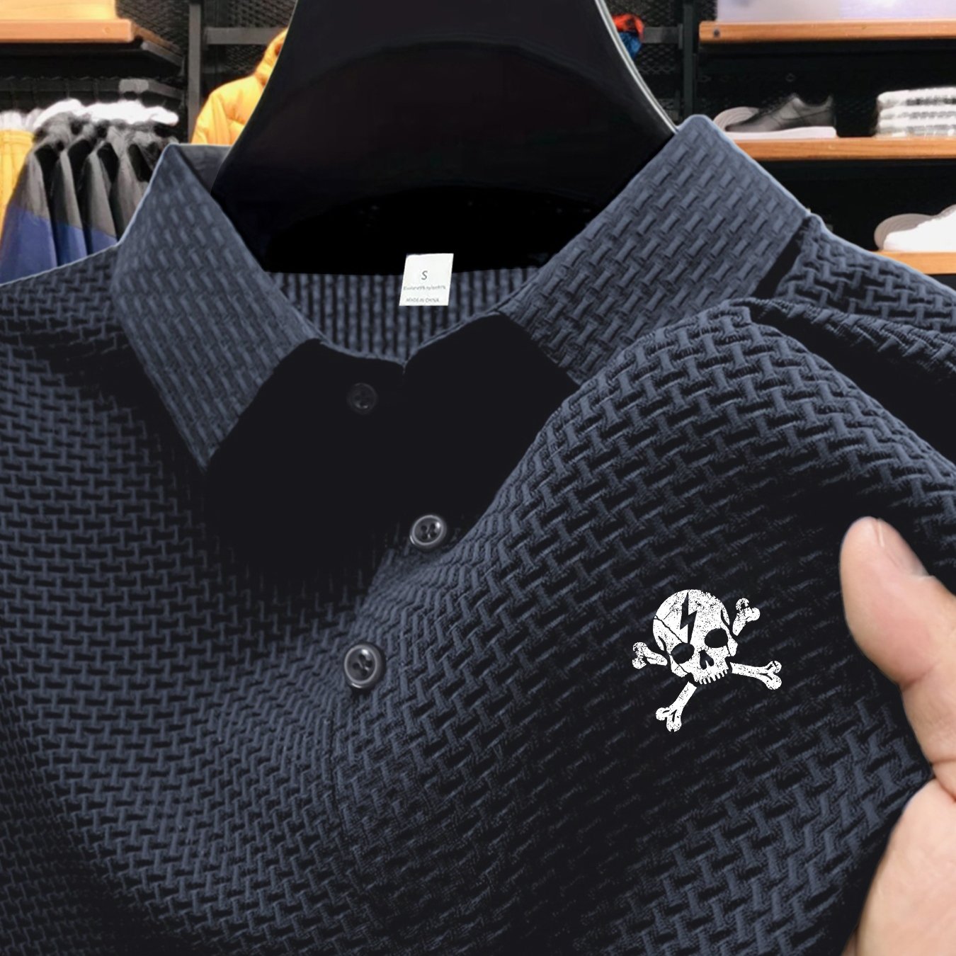 TEMU Back-to-school Skull Pattern Plus Size Men's Outdoor Golf, Equestrian Casual Collar Short Sleeve Textured Fabric, Mature Men's Business Casual