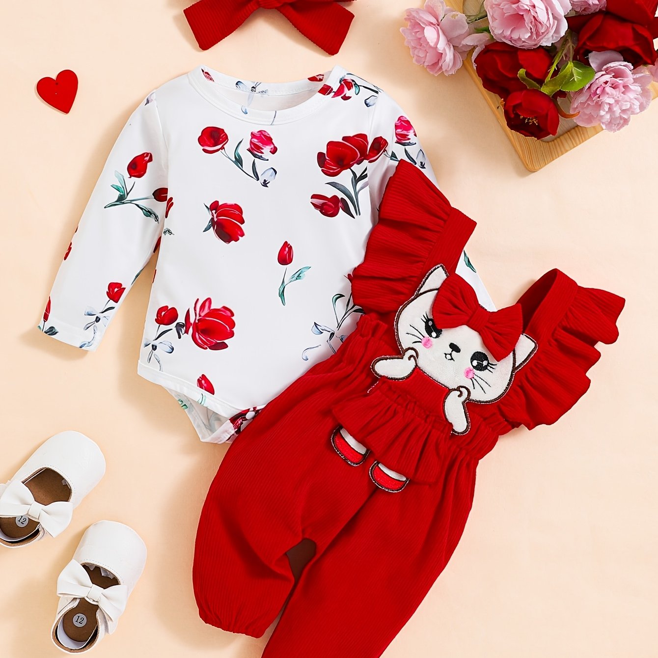 Image of Cute Baby Girl Three-piece Set Long-sleeved Floral Triangle Romper + Corduroy Overalls Cat Decoration + Headscarf, For Outdoor, Christmas, Halloween