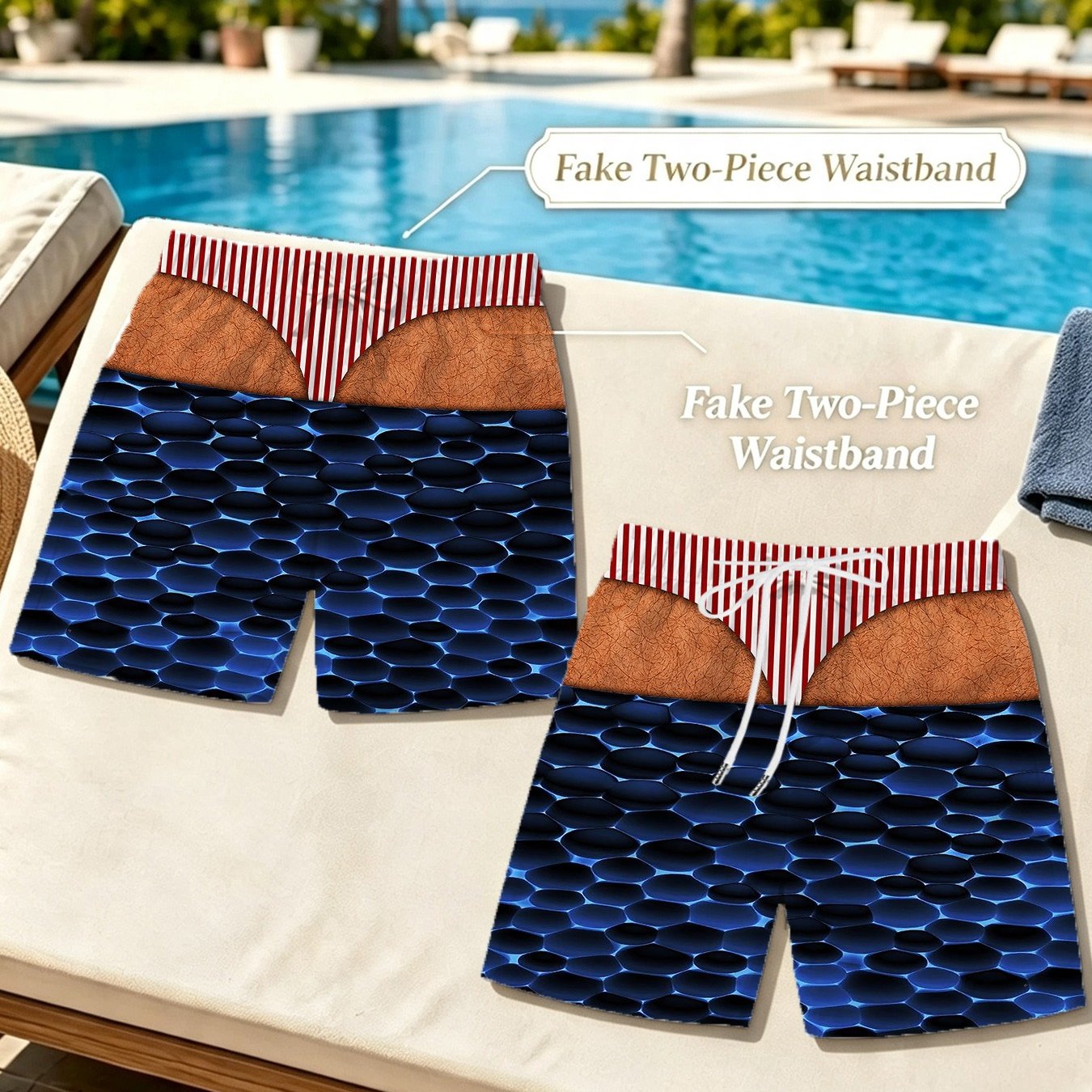 TEMU Men's Funny Prank Swim Trunks, Printed Design - Not Textured, Fake 2pcs Waistband, Print, Adjustable Drawstring, Comfortable & Breathable,