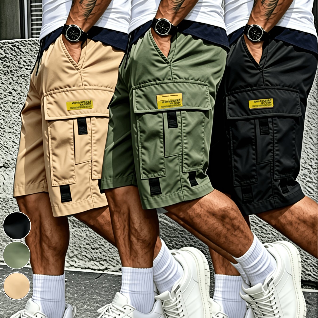 TEMU 3pcsmen's Gray Cargo Shorts Drawstring Waist Loose Fit Multi-pocket Lightweight Summer Casual Shorts, Men's Streetwear Outdoor Daily Bottoms