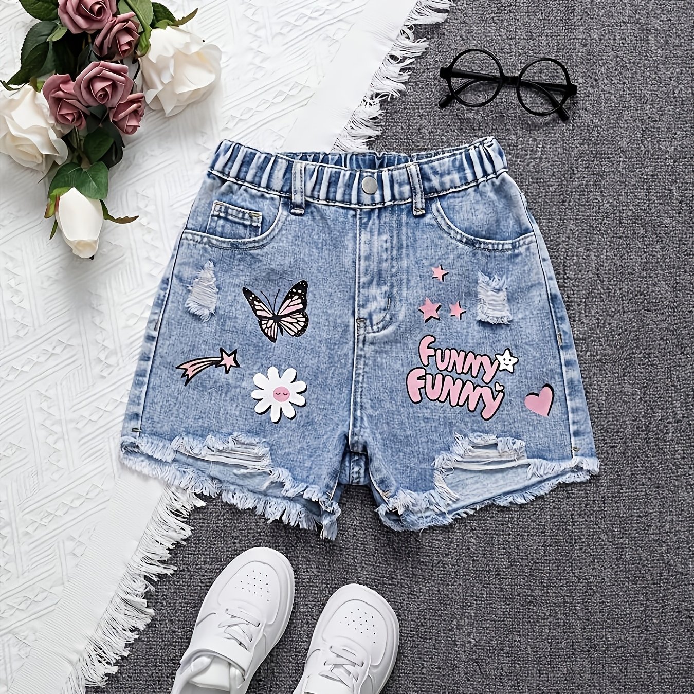 Image of Girls' Denim Shorts, Design, Ripped And Distressed Style, Y2k Trendy Cool, , Small Flowers, , And "funny Funny" Letter Patches, Vibrant Colors, And Creative, Ripped And Distressed Details On Sides