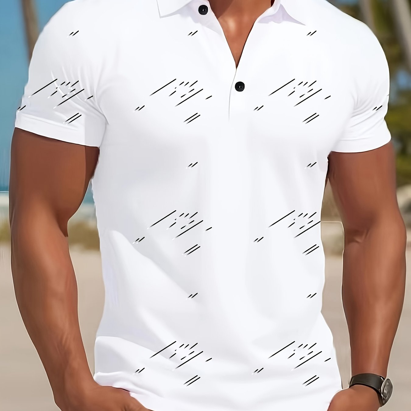 Men's Summer Sketch Print Premium Lapel Short-sleeve T-shirt, Youth Sports Golf Tee
