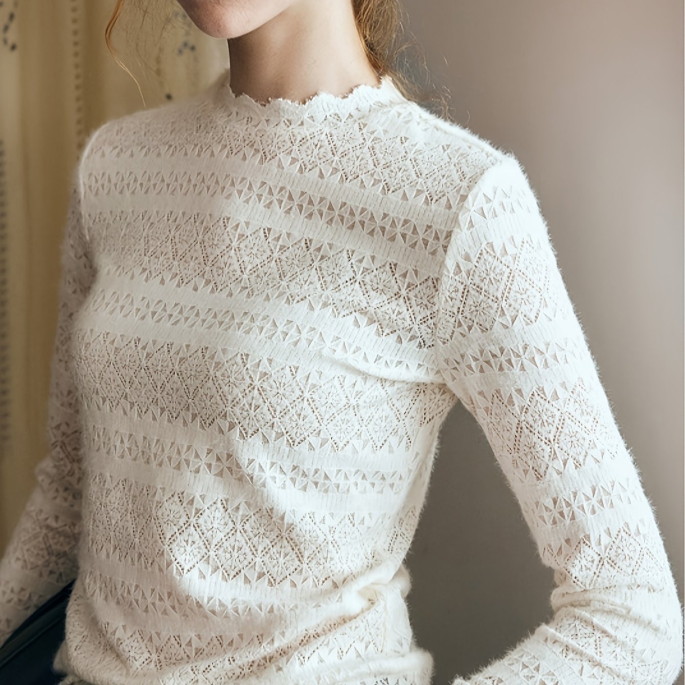 E-shop Elegante Spitzenbluse - Langarm-Halbtransparentes Top mit Stehkragen, Spitzenbluse zum Schichten, Herbst/Winter-Garderoben-Essential,