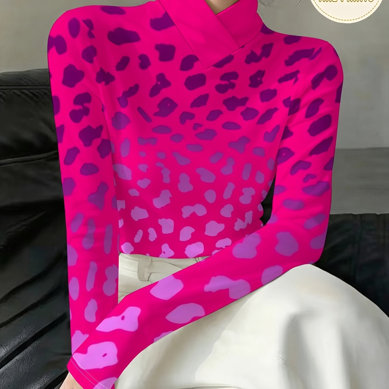 TEMU Women's Fall Winter Base Layer V-neck Cross Stand Collar Long Sleeve Top Pink Base Purple Leopard Art Print Thin Inner T-shirt Casual Versatile