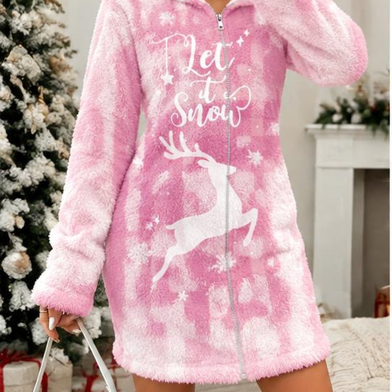 Image of Women's Plus Size Plush Hooded Zip-up Nightgown, Blue Christmas Robe With Reindeer And ' Snow' Print Trendy Relaxed Long Sleeve Robe, Home Sleepwear Holiday Vacation, Fall Winter, Christmas Gift