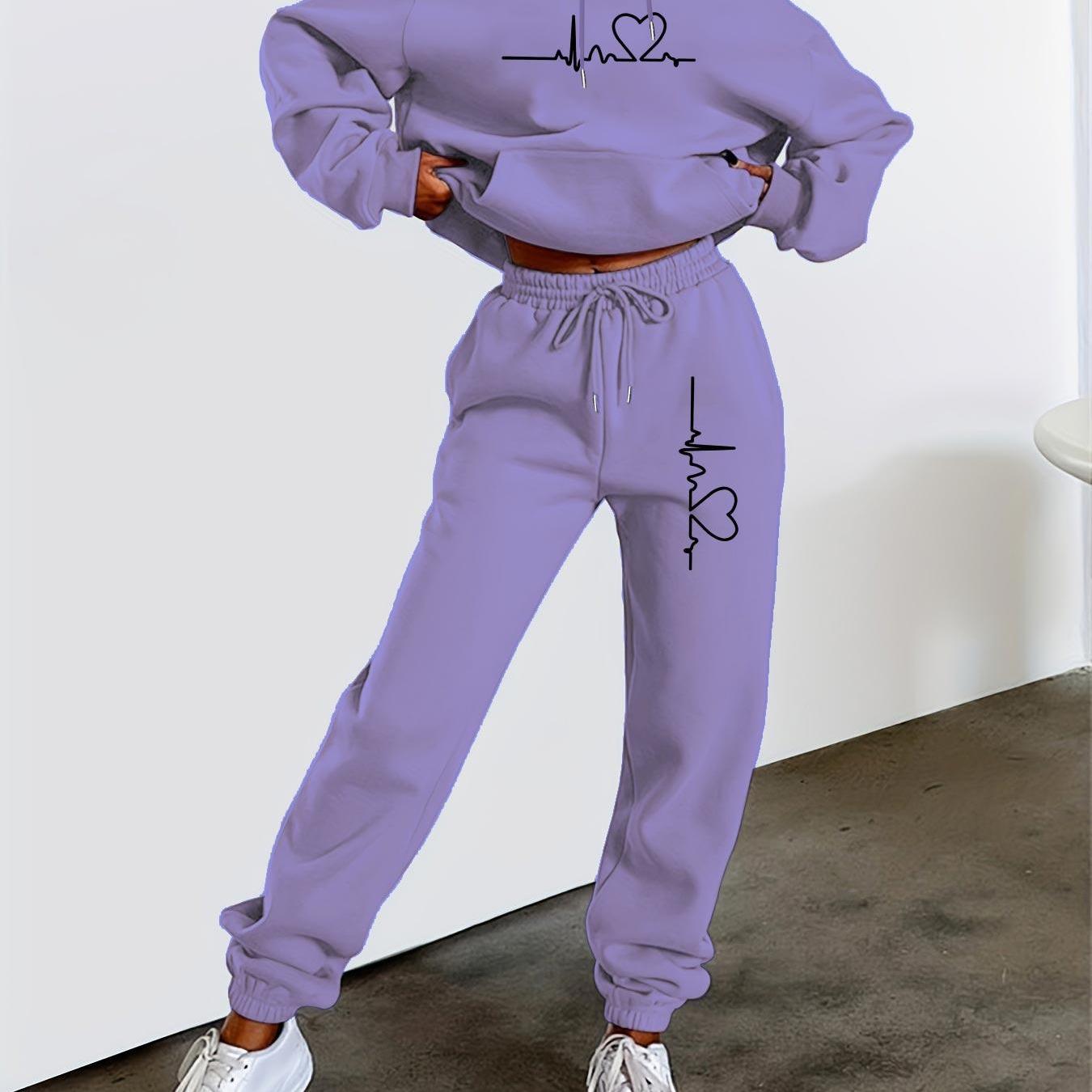 Printed Women's Autumn/winter -lined Sweatshirt Set, 2pcs Casual Long Sleeve Hooded Sweatshirt Set, Women's Hooded Pocket Outfit