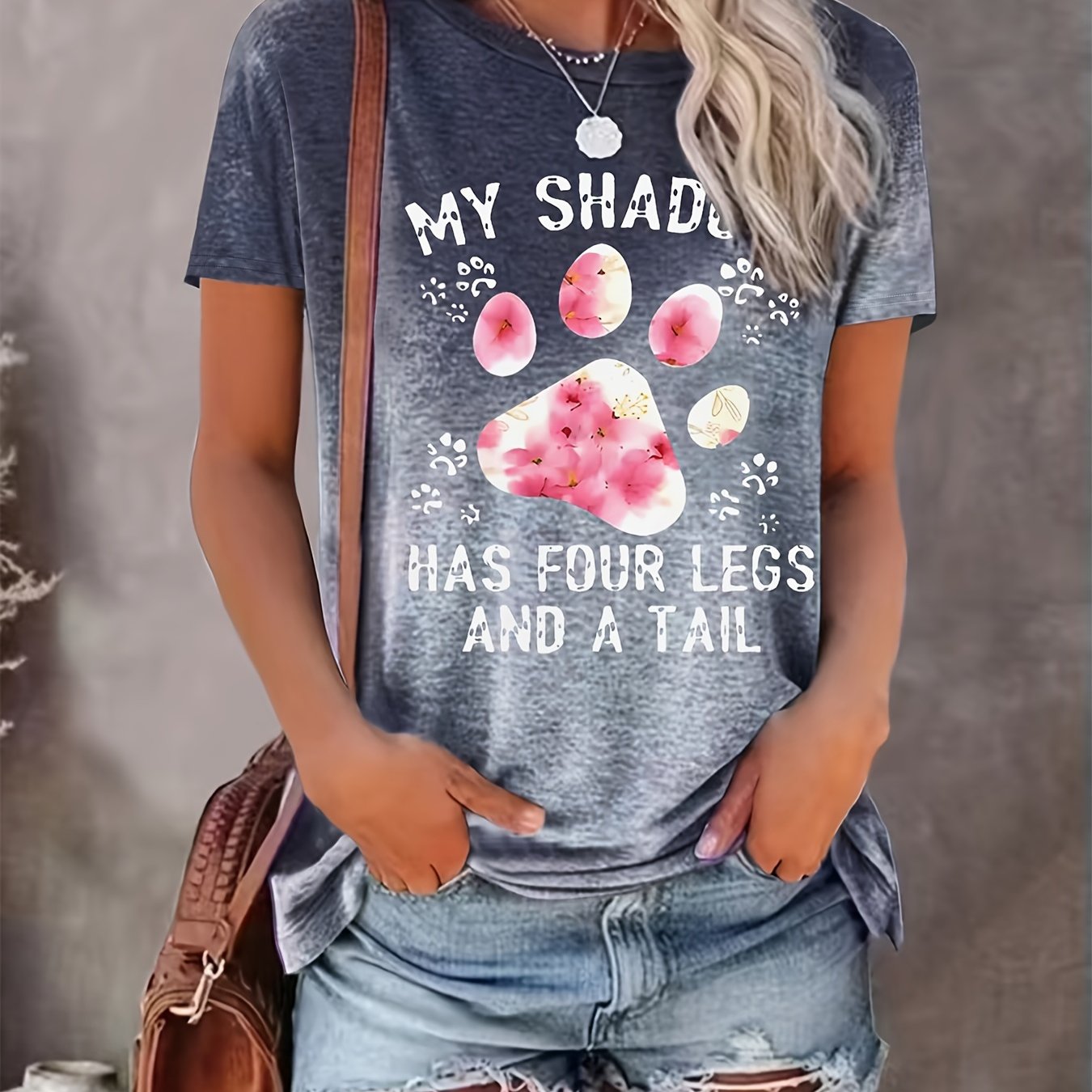 Image of Gradient Tie-dye Animal Paw Print Letter Slogan Breathable Printed Round Neck T-shirt, Casual Shirt, New Women's Short-sleeve Top
