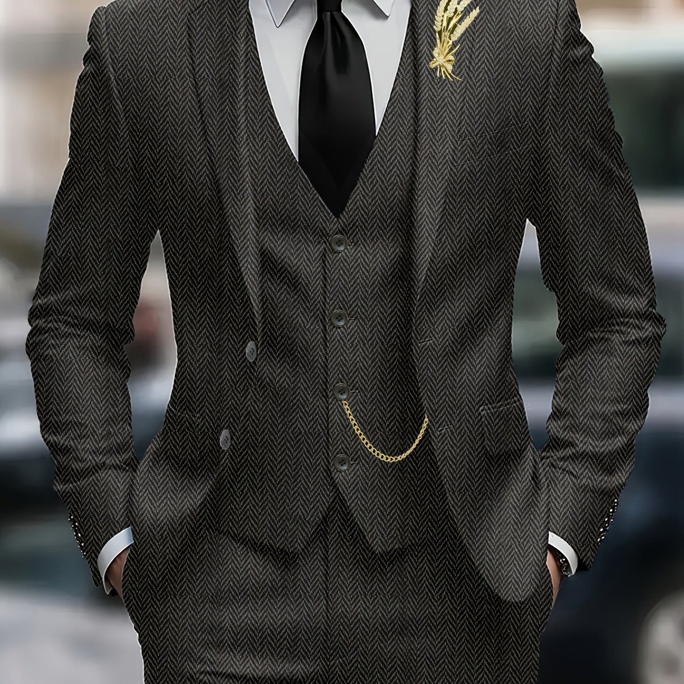E-shop Herren 4-teiliger Anzug, Exquisiter Fischgrät-Tweed-Stoff, Eleganter Klassikschnitt, Ideal für Hochzeiten, Business, Formelle Anlässe, Perfektes